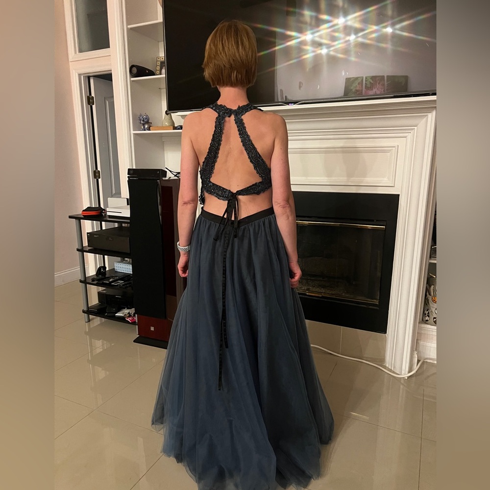 Camille La Vie Navy Blue Lace & Tulle Gown - Size 12 Elegant Evening Dress